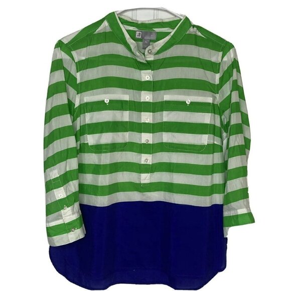 jcp JC Penney’s Petites Cotton Silk Blend Green White Royal Blue Tunic Blouse-LP - Picture 1 of 12